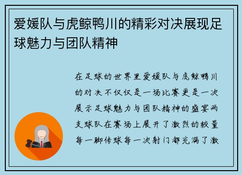 爱媛队与虎鲸鸭川的精彩对决展现足球魅力与团队精神