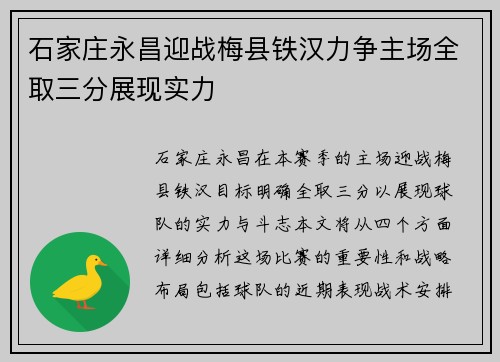 石家庄永昌迎战梅县铁汉力争主场全取三分展现实力